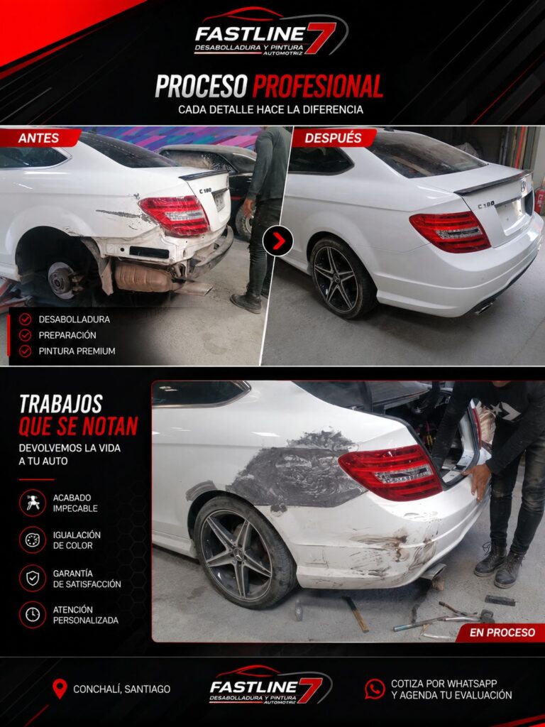 Reparación de choque y pintura Mercedes Benz realizada en Fastline 7 Conchalí antes y después del trabajo.